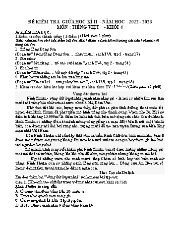 Đề kiểm tra giữa học kì 2 Tiếng Việt Lớp 4 - Năm học 2022-2023 (Có hướng dẫn chấm)