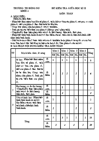 Đề kiểm tra giữa học kì 2 Toán Lớp 4 - Trường Tiểu học Đồng Nơ (Có hướng dẫn chấm)
