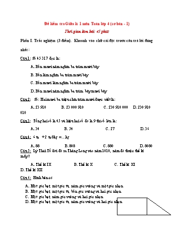 Đề kiểm tra giữa kì 1 Toán Lớp 4 (Cơ bản) - Đề 1