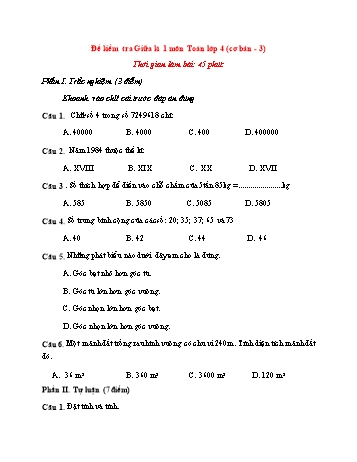 Đề kiểm tra giữa kì 1 Toán Lớp 4 (Cơ bản) - Đề 3