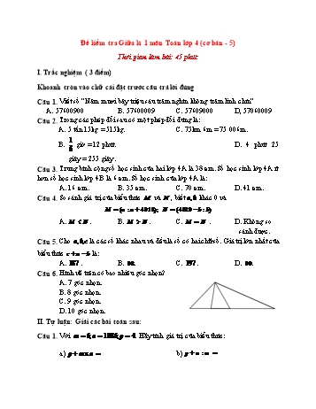Đề kiểm tra giữa kì 1 Toán Lớp 4 (Cơ bản) - Đề 5