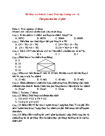 Đề kiểm tra giữa kì 1 Toán Lớp 4 (Nâng cao) - Đề 4