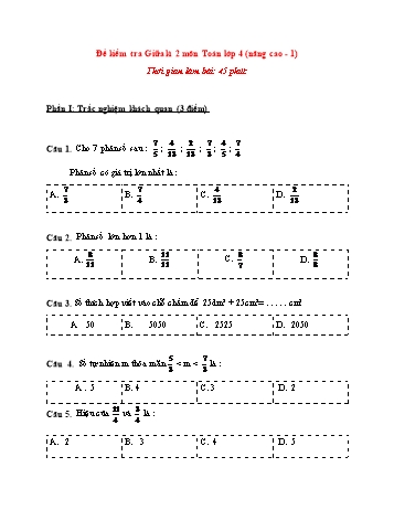 Đề kiểm tra giữa kì 2 Toán Lớp 4 (Nâng cao) - Đề 1