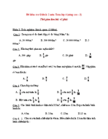 Đề kiểm tra giữa kì 2 Toán Lớp 4 (Nâng cao) - Đề 3