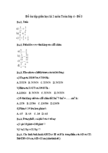 Đề ôn tập giữa học kì 2 Toán Lớp 4 - Đề 3 (Có đáp án và hướng dẫn giải)