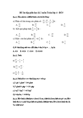 Đề ôn tập giữa học kì 2 Toán Lớp 4 - Đề 5 (Có đáp án và hướng dẫn giải)