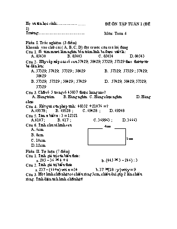 Đề ôn tập Toán Lớp 4 - Tuần 1 - Đề 1
