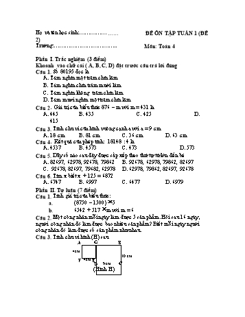 Đề ôn tập Toán Lớp 4 - Tuần 1 - Đề 2
