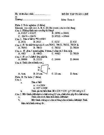 Đề ôn tập Toán Lớp 4 - Tuần 1 - Đề 3