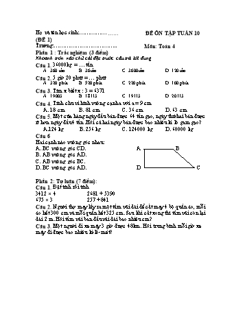 Đề ôn tập Toán Lớp 4 - Tuần 10 - Đề 1