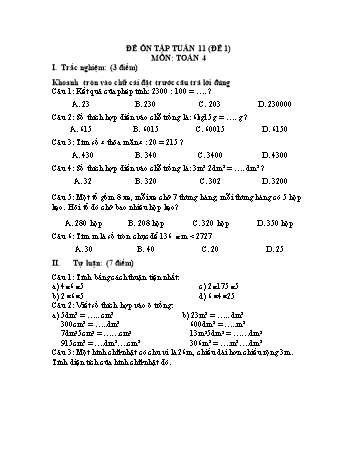 Đề ôn tập Toán Lớp 4 - Tuần 11 - Đề 1