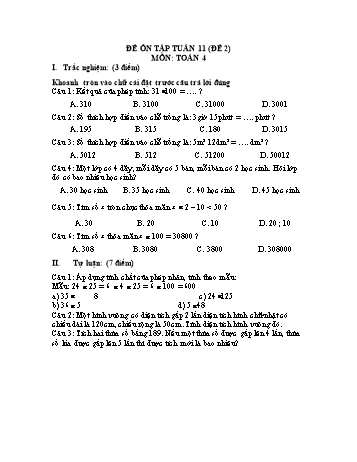 Đề ôn tập Toán Lớp 4 - Tuần 11 - Đề 2