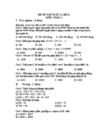 Đề ôn tập Toán Lớp 4 - Tuần 12 - Đề 1