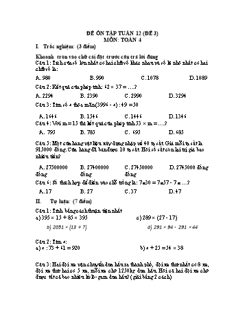 Đề ôn tập Toán Lớp 4 - Tuần 12 - Đề 3