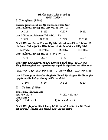 Đề ôn tập Toán Lớp 4 - Tuần 14 - Đề 1