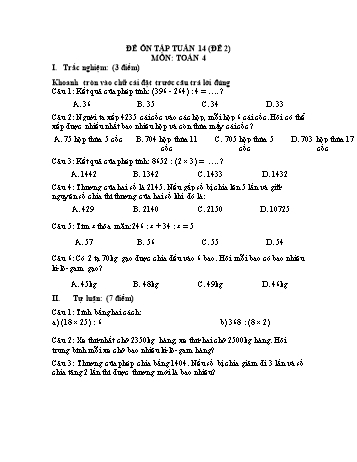 Đề ôn tập Toán Lớp 4 - Tuần 14 - Đề 2