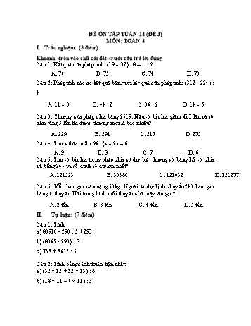 Đề ôn tập Toán Lớp 4 - Tuần 14 - Đề 3