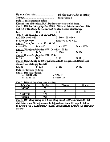 Đề ôn tập Toán Lớp 4 - Tuần 15 - Đề 1