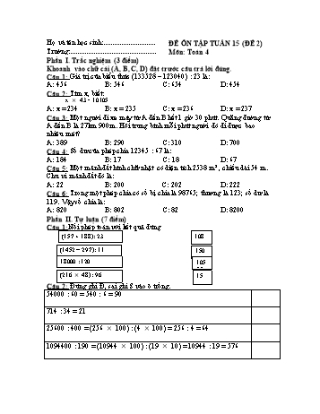 Đề ôn tập Toán Lớp 4 - Tuần 15 - Đề 2