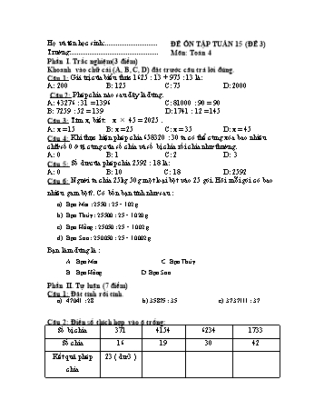 Đề ôn tập Toán Lớp 4 - Tuần 15 - Đề 3