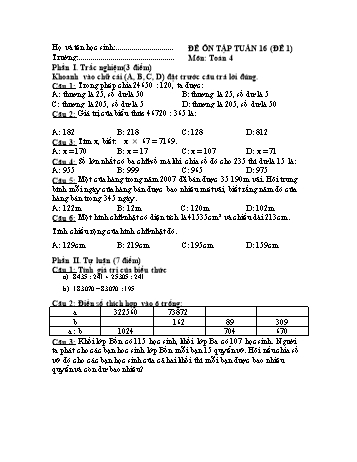 Đề ôn tập Toán Lớp 4 - Tuần 16 - Đề 1