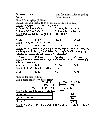 Đề ôn tập Toán Lớp 4 - Tuần 16 - Đề 2