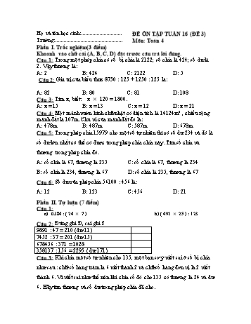 Đề ôn tập Toán Lớp 4 - Tuần 16 - Đề 3