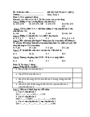 Đề ôn tập Toán Lớp 4 - Tuần 17 - Đề 1
