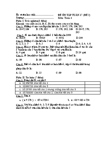 Đề ôn tập Toán Lớp 4 - Tuần 17 - Đề 2