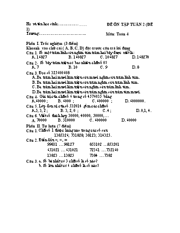 Đề ôn tập Toán Lớp 4 - Tuần 2 - Đề 1
