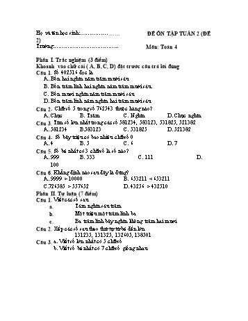 Đề ôn tập Toán Lớp 4 - Tuần 2 - Đề 2