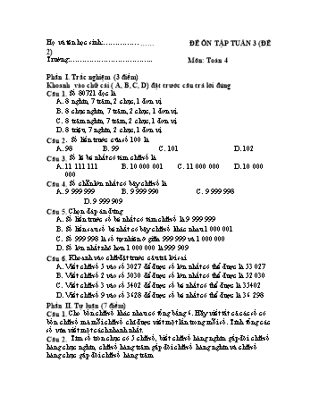 Đề ôn tập Toán Lớp 4 - Tuần 3 - Đề 2
