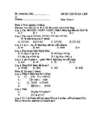 Đề ôn tập Toán Lớp 4 - Tuần 4 - Đề 2