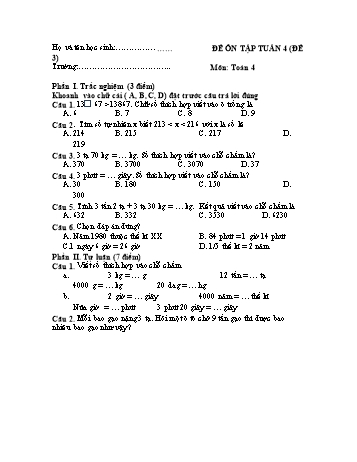 Đề ôn tập Toán Lớp 4 - Tuần 4 - Đề 3