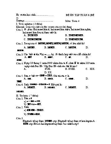 Đề ôn tập Toán Lớp 4 - Tuần 6 - Đề 2