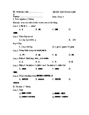 Đề ôn tập Toán Lớp 4 - Tuần 6 - Đề 3