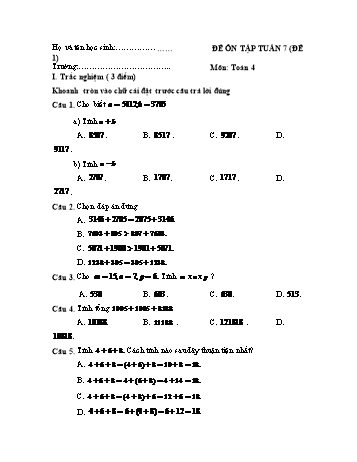 Đề ôn tập Toán Lớp 4 - Tuần 7 - Đề 1