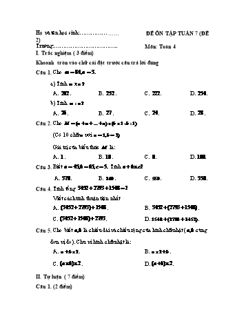 Đề ôn tập Toán Lớp 4 - Tuần 7 - Đề 2