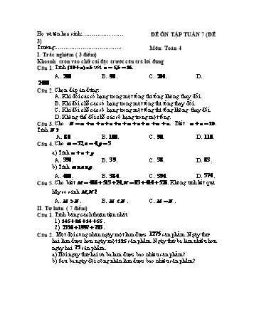 Đề ôn tập Toán Lớp 4 - Tuần 7 - Đề 3