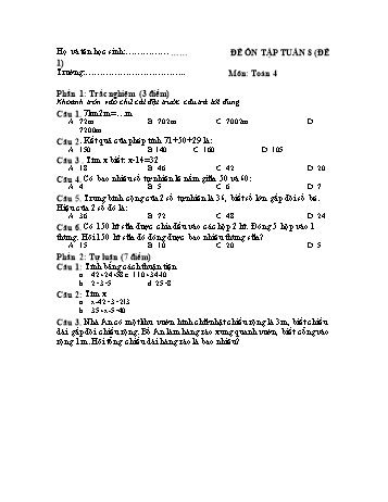 Đề ôn tập Toán Lớp 4 - Tuần 8 - Đề 1