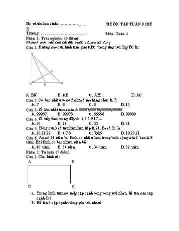 Đề ôn tập Toán Lớp 4 - Tuần 9 - Đề 2