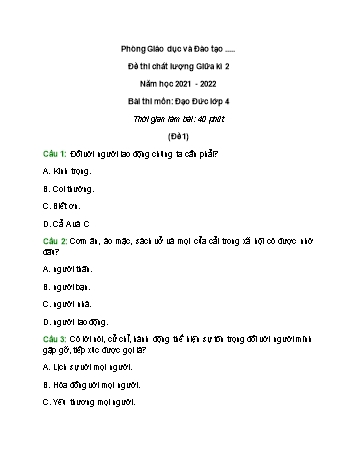 Đề thi chất lượng giữa kì 2 Đạo đức Lớp 4 - Đề 1 - Năm học 2021-2022 (Có đáp án)