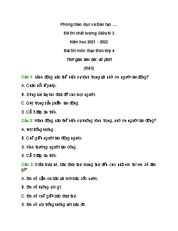 Đề thi chất lượng giữa kì 2 Đạo đức Lớp 4 - Đề 2 - Năm học 2021-2022 (Có đáp án)