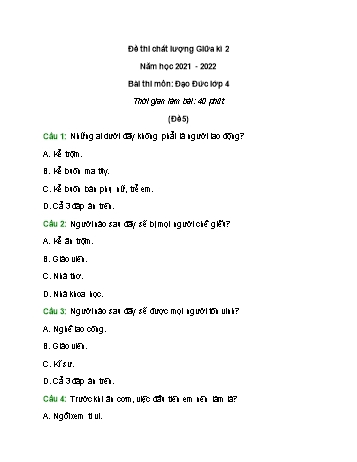 Đề thi chất lượng giữa kì 2 Đạo đức Lớp 4 - Đề 5 - Năm học 2021-2022 (Có đáp án)