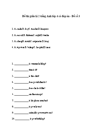 Đề thi giữa kì 2 môn Tiếng Anh Lớp 4 - Đề số 3 (Có đáp án)