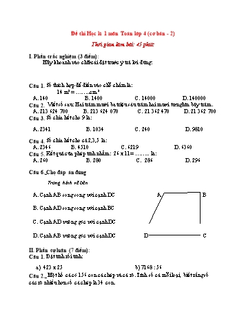 Đề thi học kì 1 Toán Lớp 4 (Cơ bản) - Đề 2