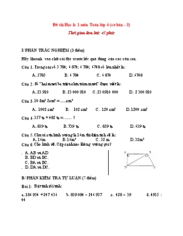 Đề thi học kì 1 Toán Lớp 4 (Cơ bản) - Đề 3