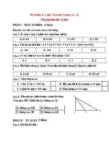 Đề thi học kì 1 Toán Lớp 4 (Nâng cao) - Đề 1