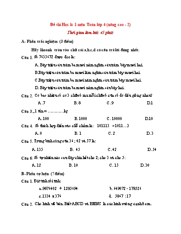 Đề thi học kì 1 Toán Lớp 4 (Nâng cao) - Đề 2