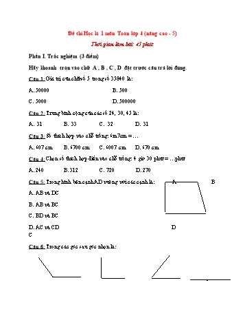 Đề thi học kì 1 Toán Lớp 4 (Nâng cao) - Đề 5